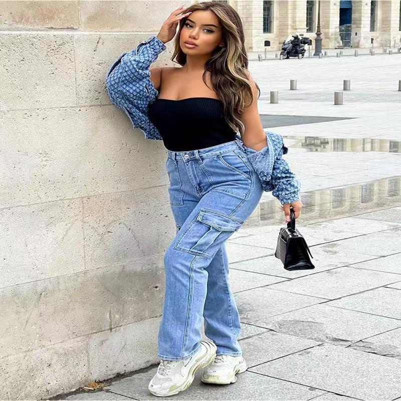 Foreign Trade Workwear Jeans For Women Autumn And Winter New Hot Selling Multi-pocket Denim Wide-leg Trousers