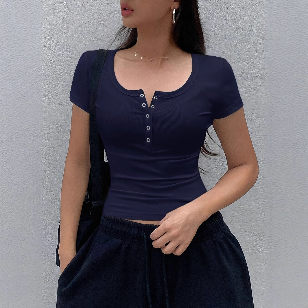 Solid Color Short-sleeved Top Rib Knit Half-cardigan Button T-shirt