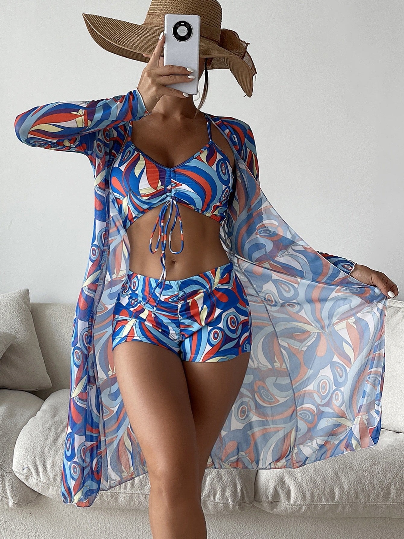 Boho Breeze 3-Piece Beach Set – Crop Top, High-Waist Shorts & Flowy Cover-Up Bikini With Long Sleeve Cardigan Fashion Summer Beach Swimsuit Women