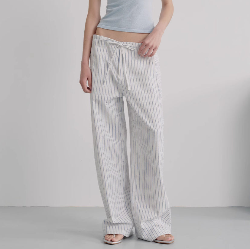 Striped Blue And White Drawstring Banana Pants