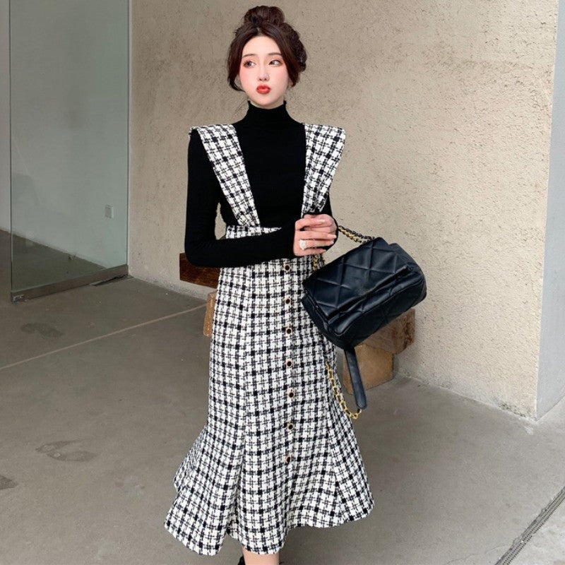 Fashion Long Suspender Skirt with Check Pattern French Retro Plaid Dress