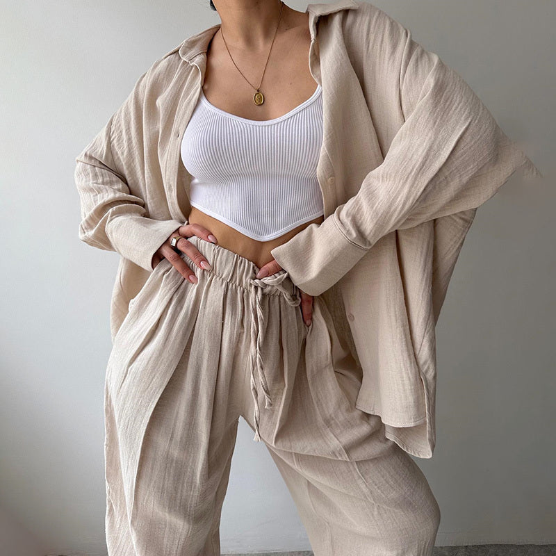 Solid Color Lapel Collar Long Sleeve Shirt & High-Waist Pants Set - Casual Loose Fit Outfit