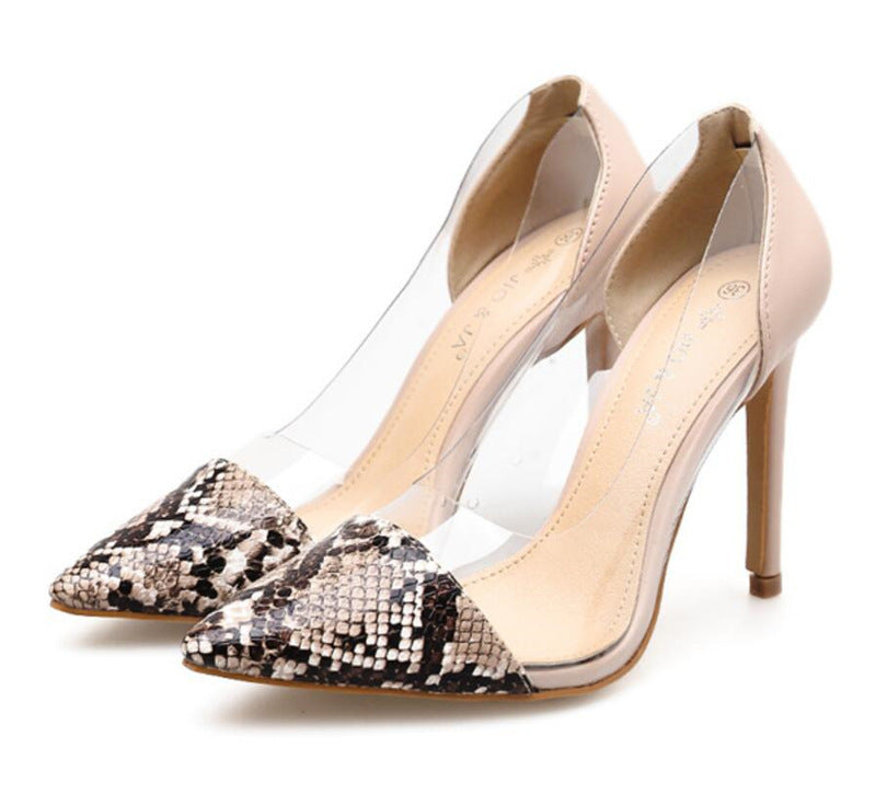 Transparent PVC & Snakeskin Print Pointed Toe Stiletto Heels New snake print transparent high-heeled shoes women