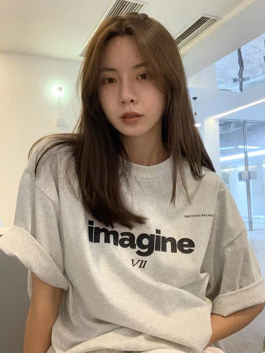“IMAGINE” Statement Tee – Casual Cool with a Bold Voice Loose Korean Letter T-shirt Top