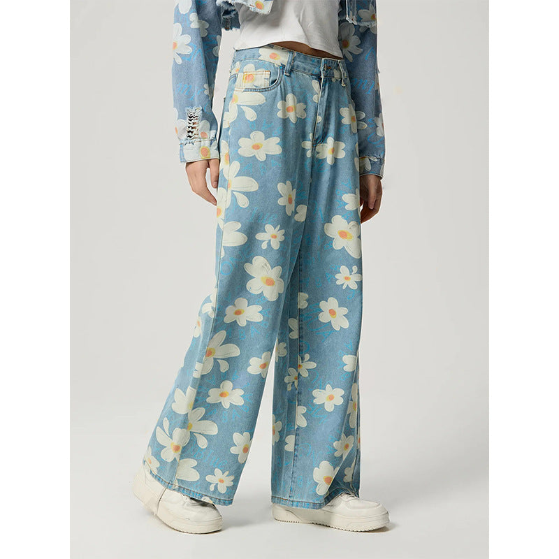 Vintage Flower Print Straight Jeans For Women's