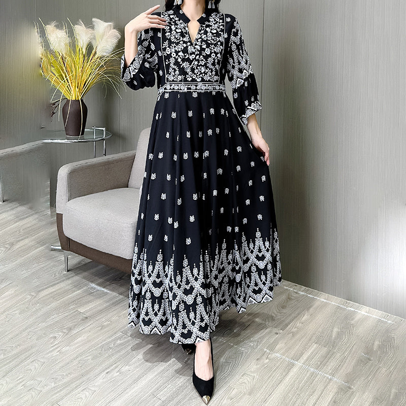 Bohemian Embroidery V-neck Dress, Elegant 3 4 Sleeve A-line Swing Maxi Dress