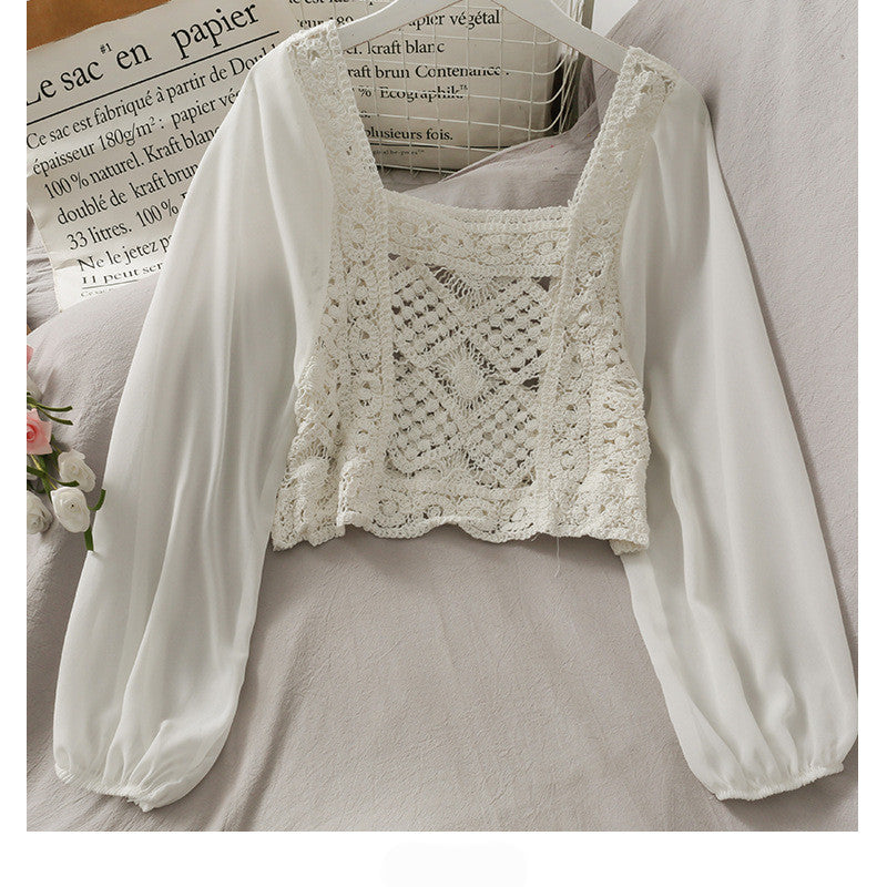 Elegant Crochet Panel Blouse | Sheer Sleeve Square Neck Top Women's Chiffon Panel Puff Long Sleeve Top