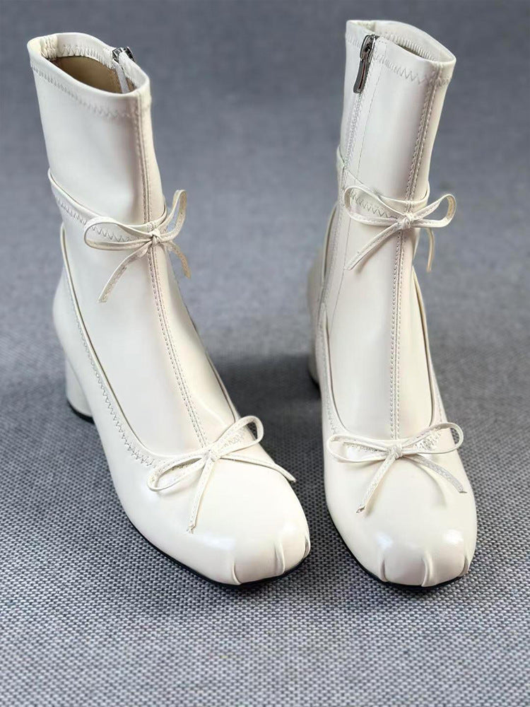 Ballet Style White High-heeled Round Head Thin Boots