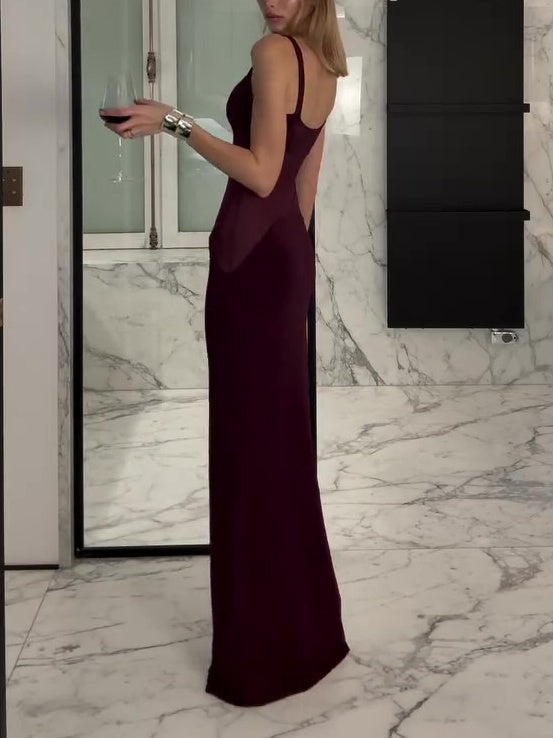Sophisticated Spaghetti Strap Bodycon Gown Burgundy Mesh Patchwork Suspender Dress