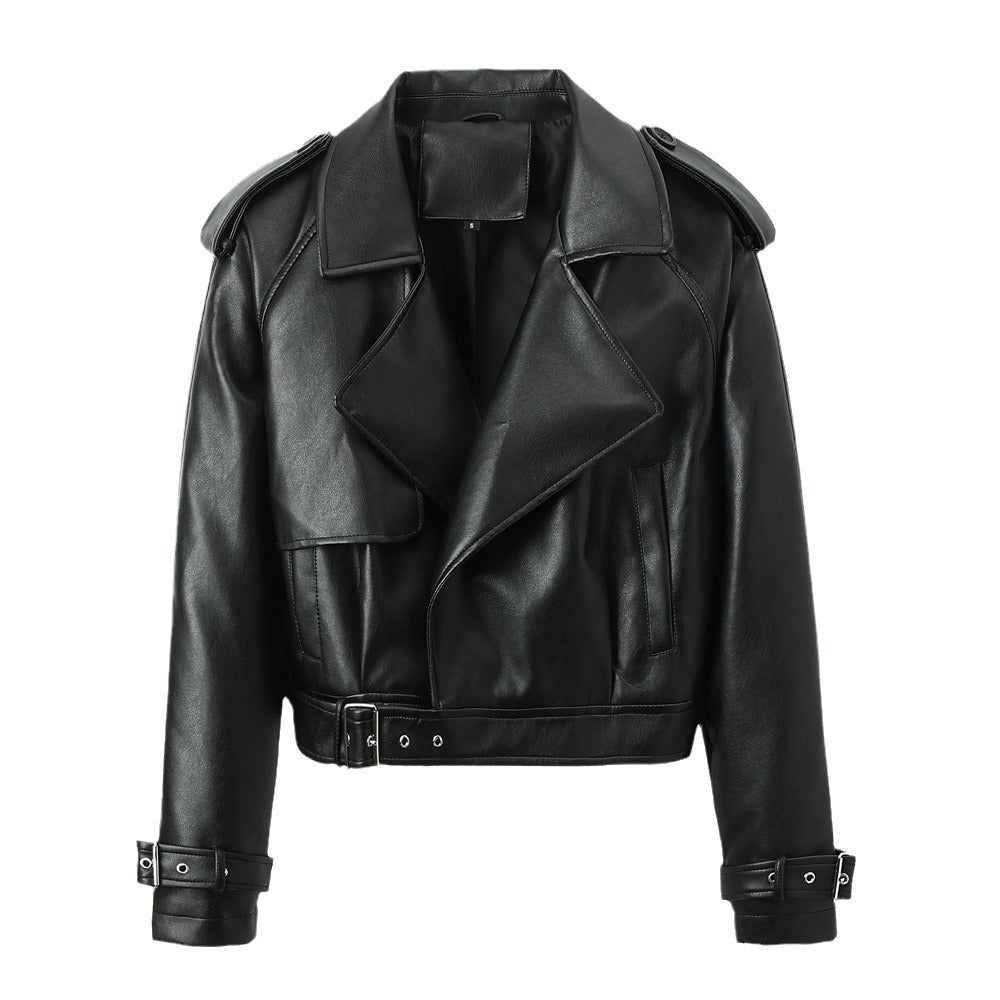 Solid Color Casual Loose Fit Leather Jacket For Women's