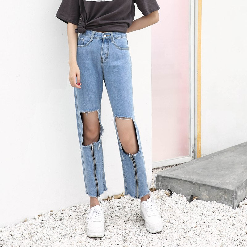 Streetwear Fake Zippers Loose Straight Jeans Woman With Holes Ankle Length Denim Pants