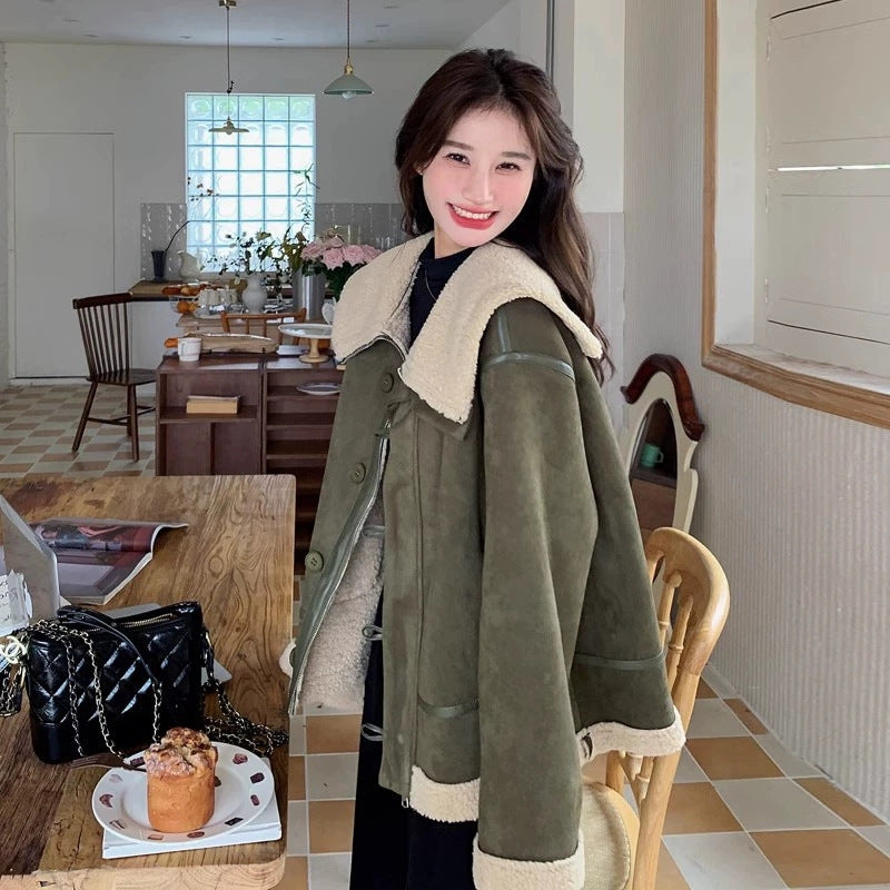 Korean-style Retro Green Suede Lambswool Coat Women's
