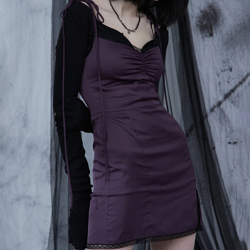 Square collar lace satin split dress