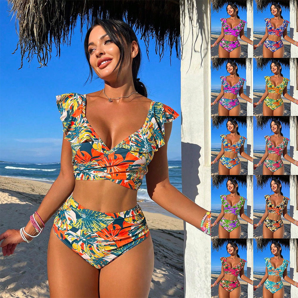 Tropical Flair – Ruffle Sleeves & Island Prints Made for Sunny Escapes Women's Two-piece Swimsuit Ruffled Halter Bikini