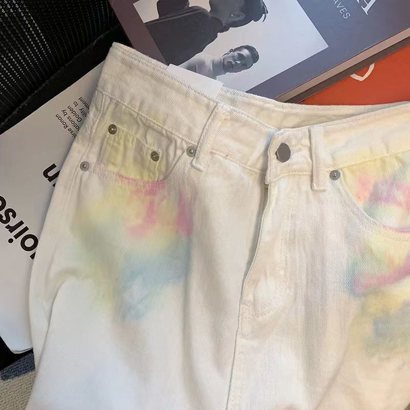 Pastel Dream Tie-Dye Jeans – Whimsical White Wash Denim Retro Tie-dye Graffiti Straight High Waist Jeans For Women