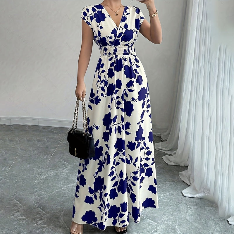 Wrap V Neck Short Sleeve Empire Elastic Waist Summer Casual Elegant Maxi Long Dresses
