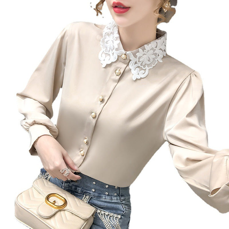 Elegant Lace Collar Button-Up Blouse | Long Sleeve Satin/Silk-Look Shirt Temperament Design Sense Stitching Top Western Style Korean Loose Shirt