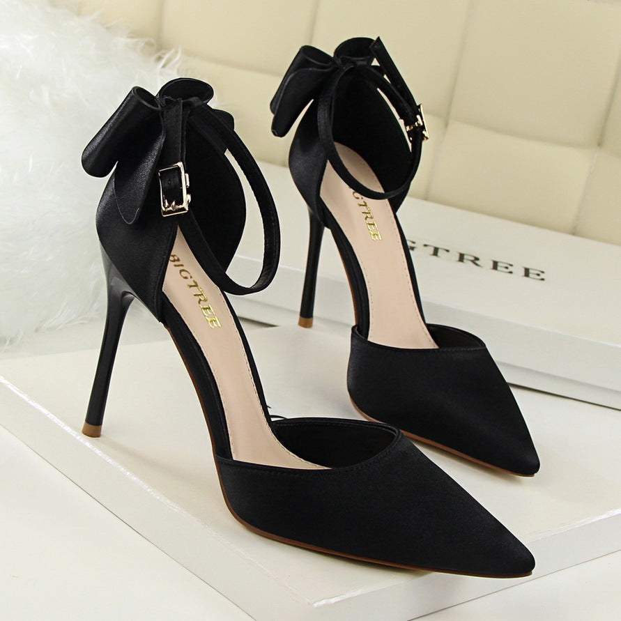 Women's Korean Version Sweet Beauty Sandals Thin High Heels Shallow Mouth Pointed Silk High Heels Pointed satin stiletto high heels