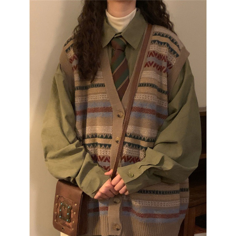 Retro Knit™ Vintage Patterned Sweater Vest – Cozy Academia Aesthetic Korean Style Loose Knitted Collar Top