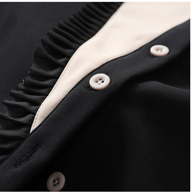 Elegant Two-Tone Ruffled Blouse - Beige & Black Korean style contrast lace long sleeve top