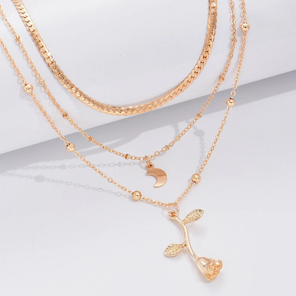 Bohemia Multilayer Moon Gold Color Pendant Necklaces For Women Rose Flower Choker Necklace