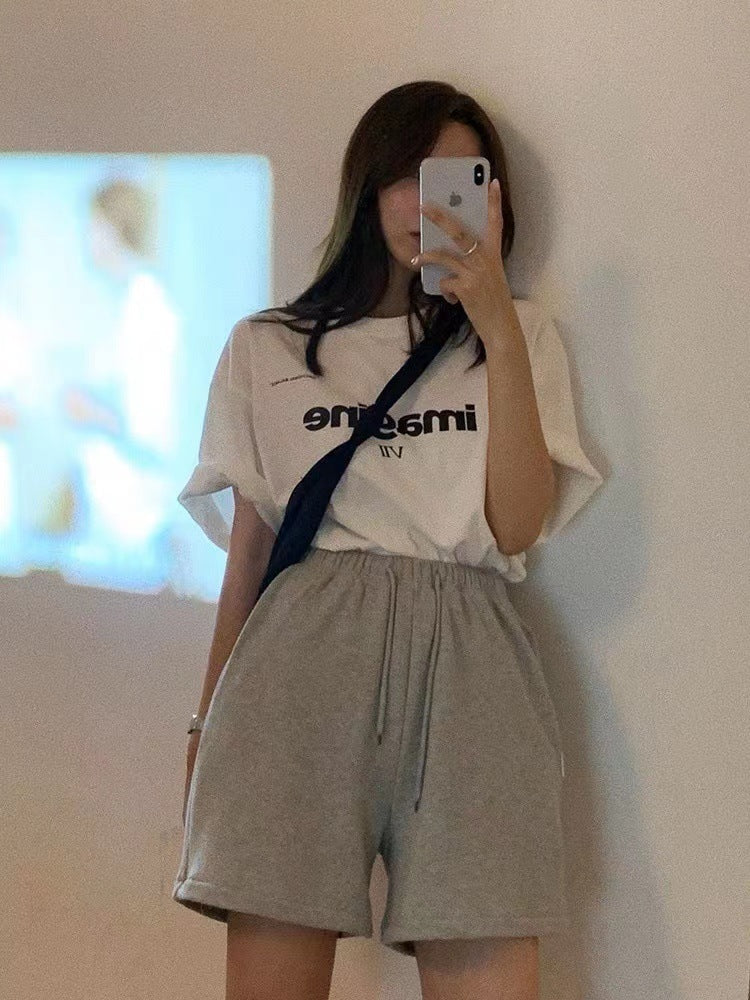 “IMAGINE” Statement Tee – Casual Cool with a Bold Voice Loose Korean Letter T-shirt Top