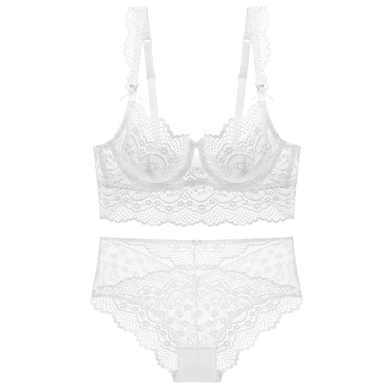 Sexy Sheer Mesh & Floral Lace Elegant Sleeveless Mesh & Lace One-Piece Lingerie Blue Ladies Bra And Panties Set