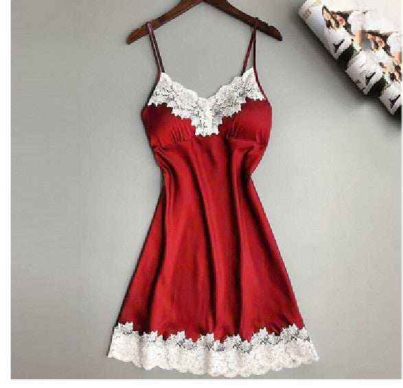 Sexy Satin & Lace Slip Dress Nightgown V-neck Lace Hem Strap Nightdress