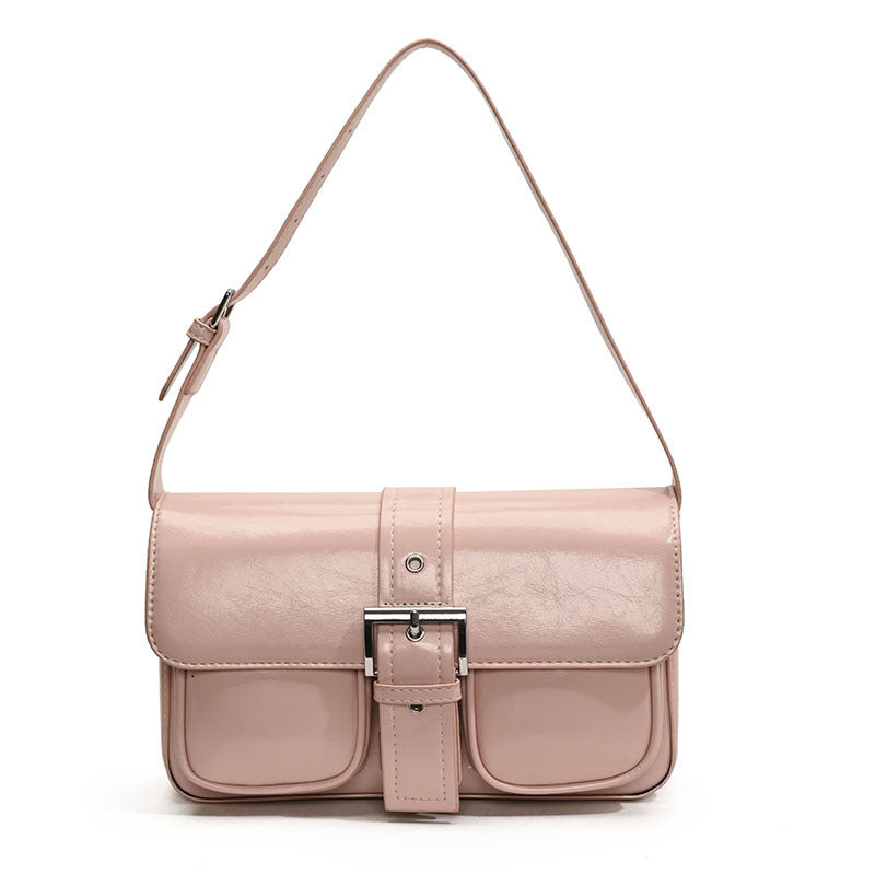 Retro Style Buckle Messenger Shoulder Bag with Front Pockets Simple Design Women's Bag Shoulder Fashion Handbag