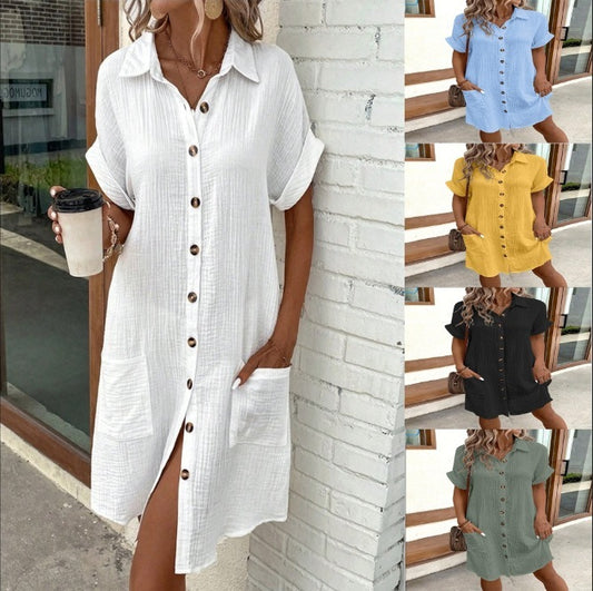 Summer Short Sleeve Shirt Dress Fashion Solid Color Single-breasted Mid-length Loose Dress For Women's