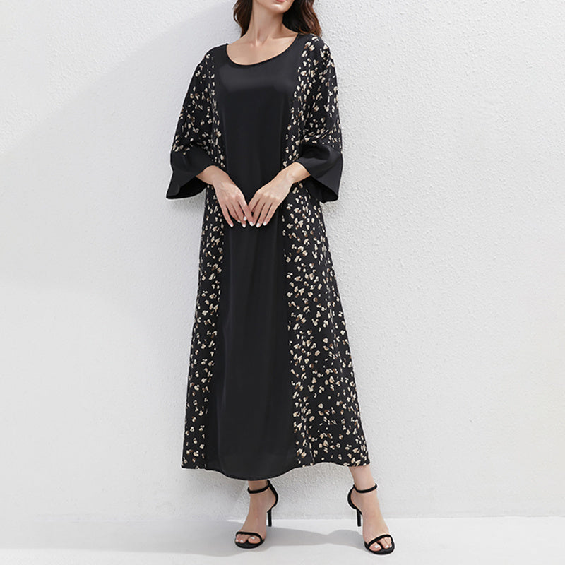 Ethnic Floral Print Tunic Dress With Belt, Middle Eastern Style Muslim Long Dress