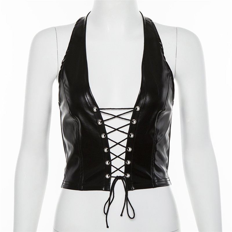 Edgy Faux Leather Lace-Up Halter Top for Women Hollow-out crop PU small vest female