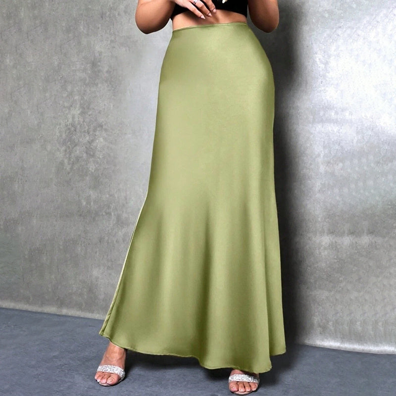 Elegant Satin High Waist Flared Midi Skirt Cocktail Party Wedding Long Skirt