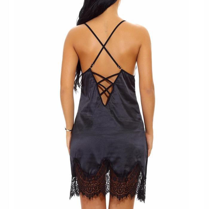 Silky Satin Lingerie Dress with Eyelash Lace Sexy Criss Cross Back Long Dresses Baby dolls