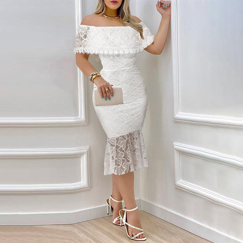 Elegant Off-Shoulder Lace Bodycon Dress With Lace Panels For Casual & Formal Occasions