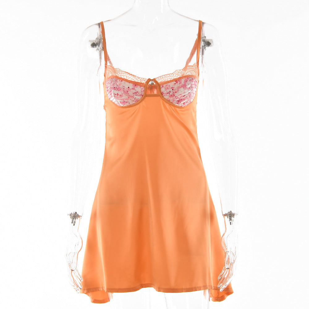 Lace Splicing Sling Short Skirt Lace-up Low-cut Dress