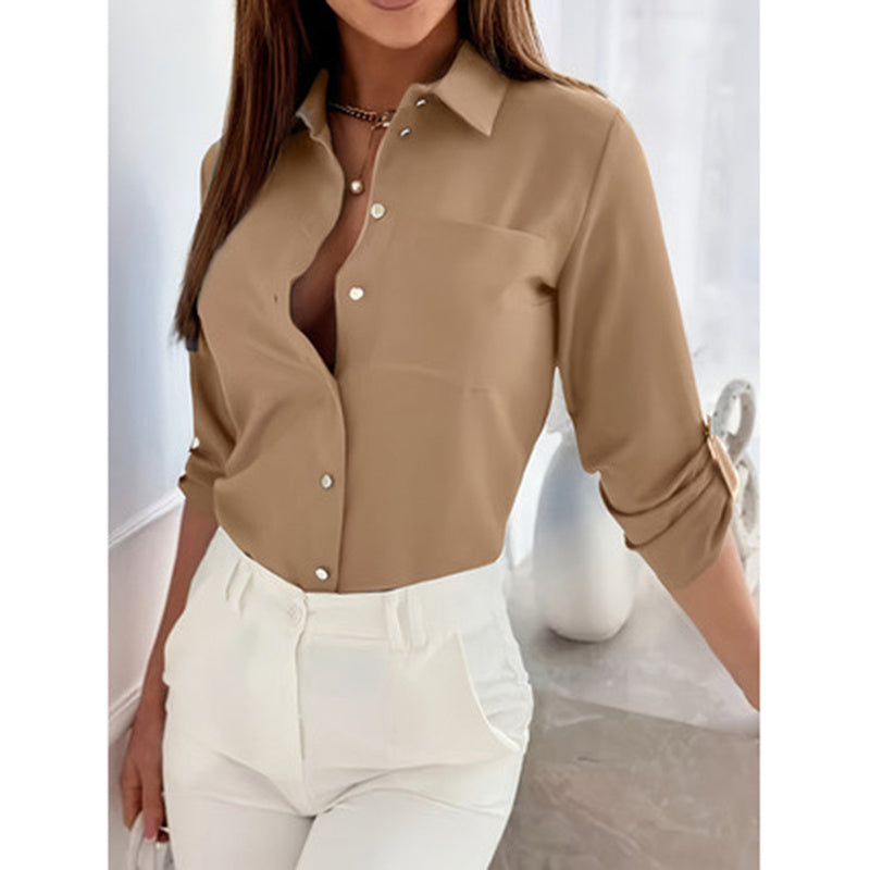 Button Down Shirts V Neck Rolled Up Long Sleeve Tops Elegant Dressy Blouses Business Casual Outfits
