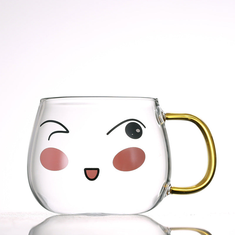 Cute Kawaii Emoji Glass Mug with Gold Handle Cute Glass Expression Coffee Cup Mug