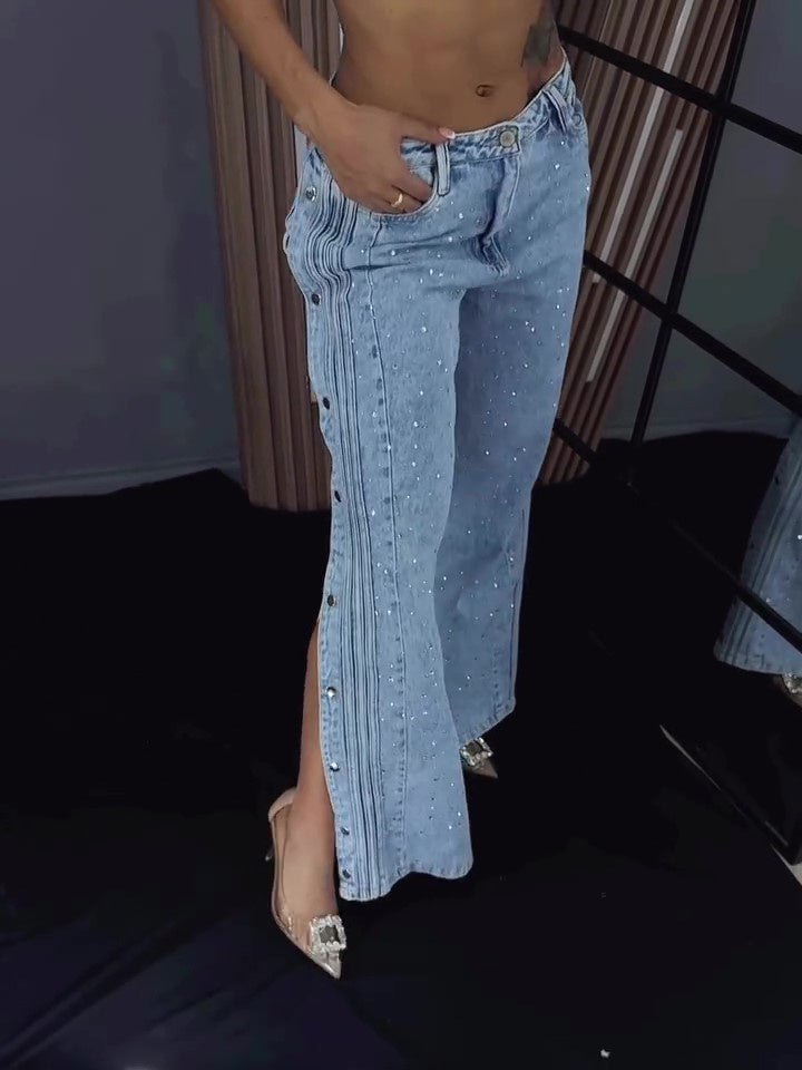 Sparkling Side Snap Jeans | Rhinestone Embellished Slit Hem Denim Button Polyester Rhinestone Fashion Jeans