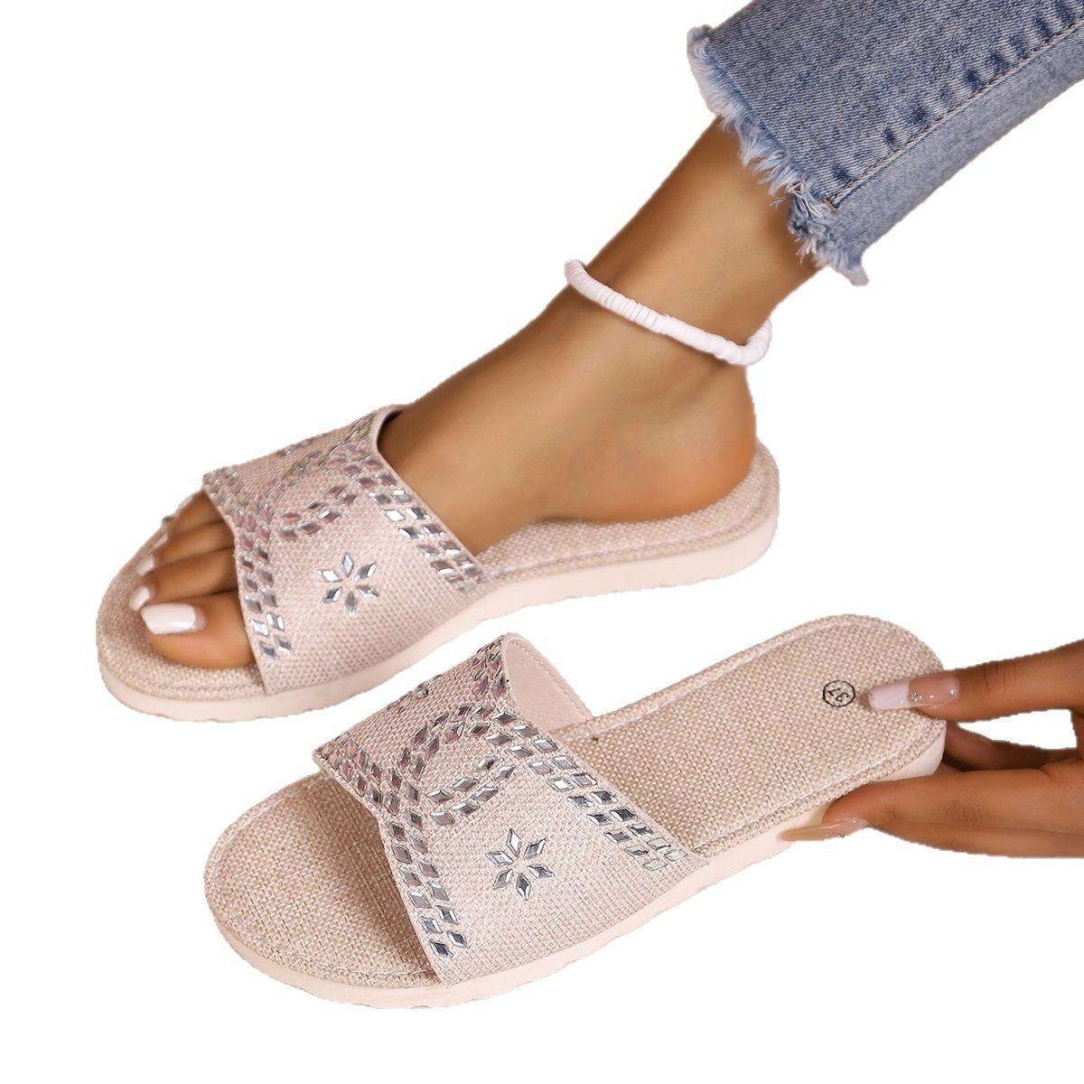 Versatile Vacation Slides with Embossed Detail Plus Size Rhinestone Platform Slippers Casual Round Toe Canvas Sandals