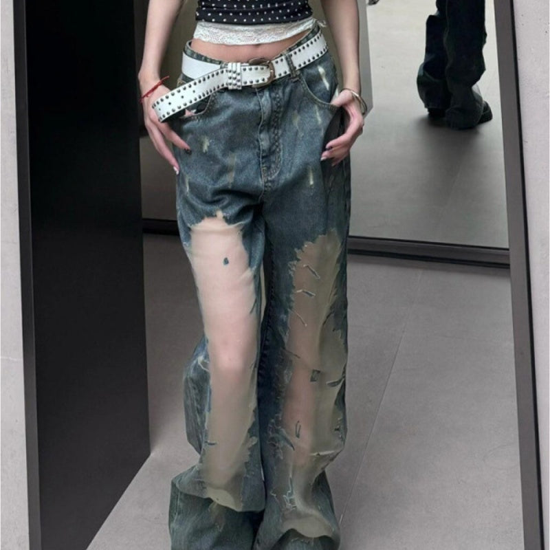 Y2K Grunge Distressed Mesh Jeans – See-Through Panel Streetwear Denim Retro Washed Ripped Jeans For Women Summer Hollow Out