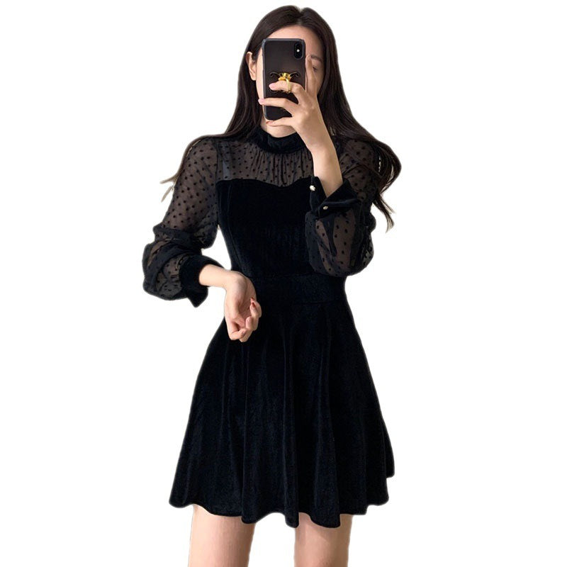 Retro Stand-up Collar Velvet Patchwork Long-sleeved Dress Women's