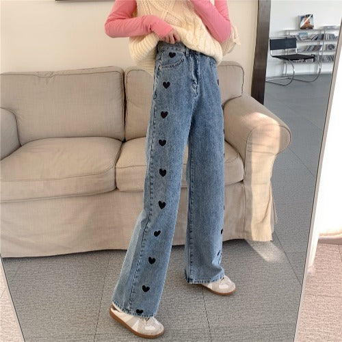 Heart Cutout Wide-Leg Jeans – Soft Girl Meets Streetwear New Design Sense Straight Loose High Waist Love Jeans For Women