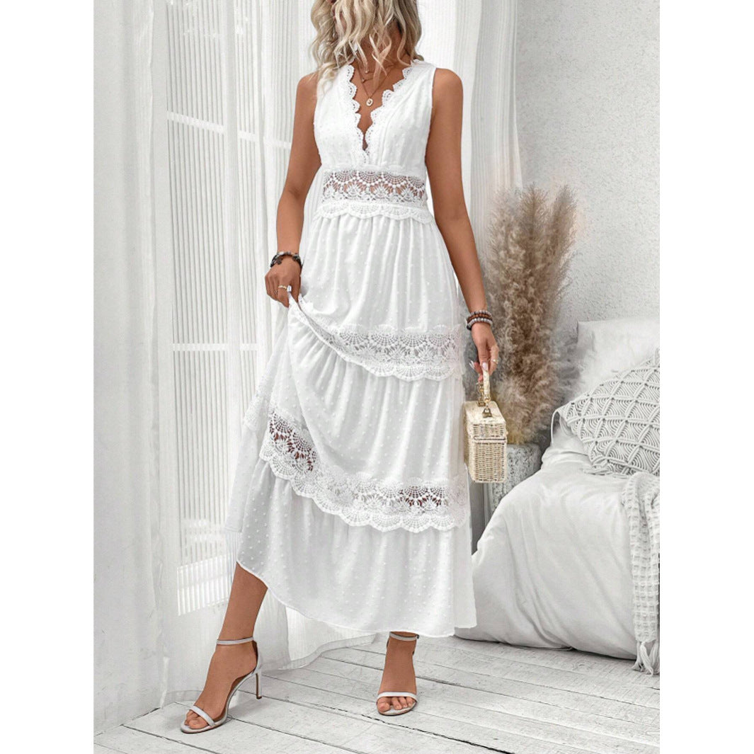 Lace Stitching V-neck Sleeveless Dress For Women's