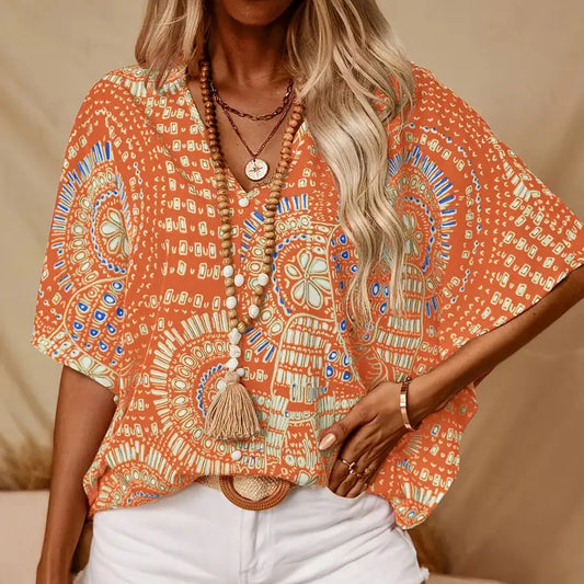 V-Neck Mandala Print Blouse Short Batwing Sleeve Casual Vacation Top