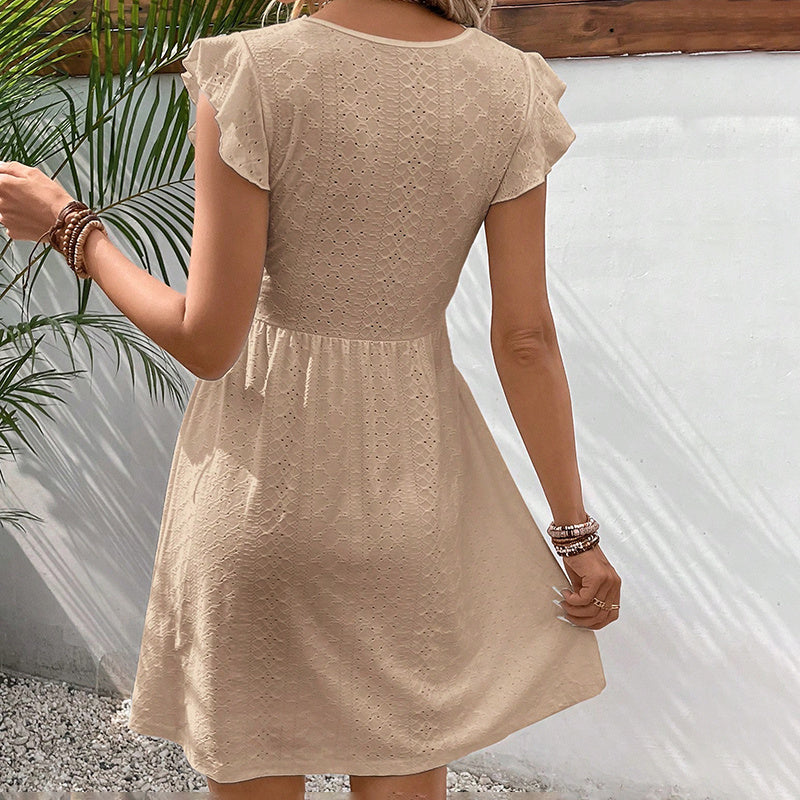 V Neck Lace Mini Dresses Casual Summer Ruffle Sleeve Crochet Sundresses