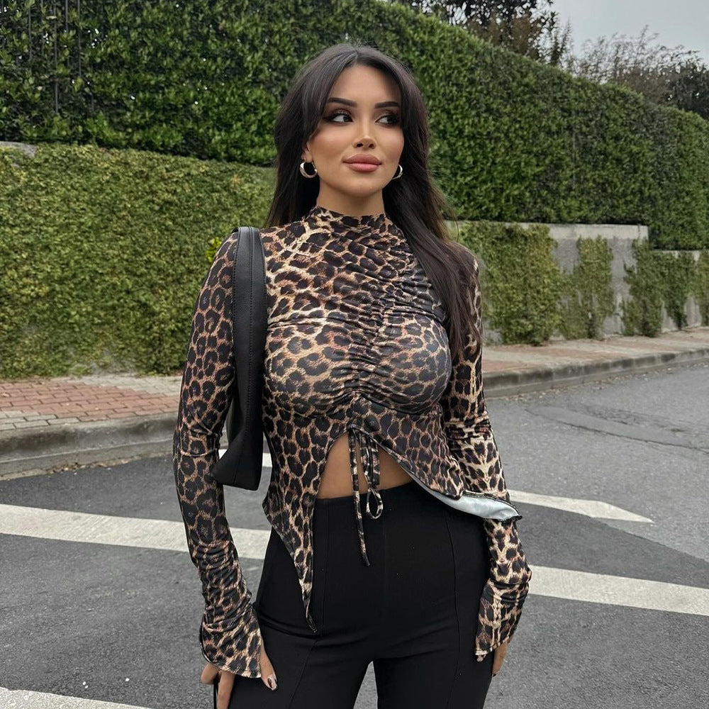 Leopard Print Drawstring Versatile Tight Long Sleeved Top