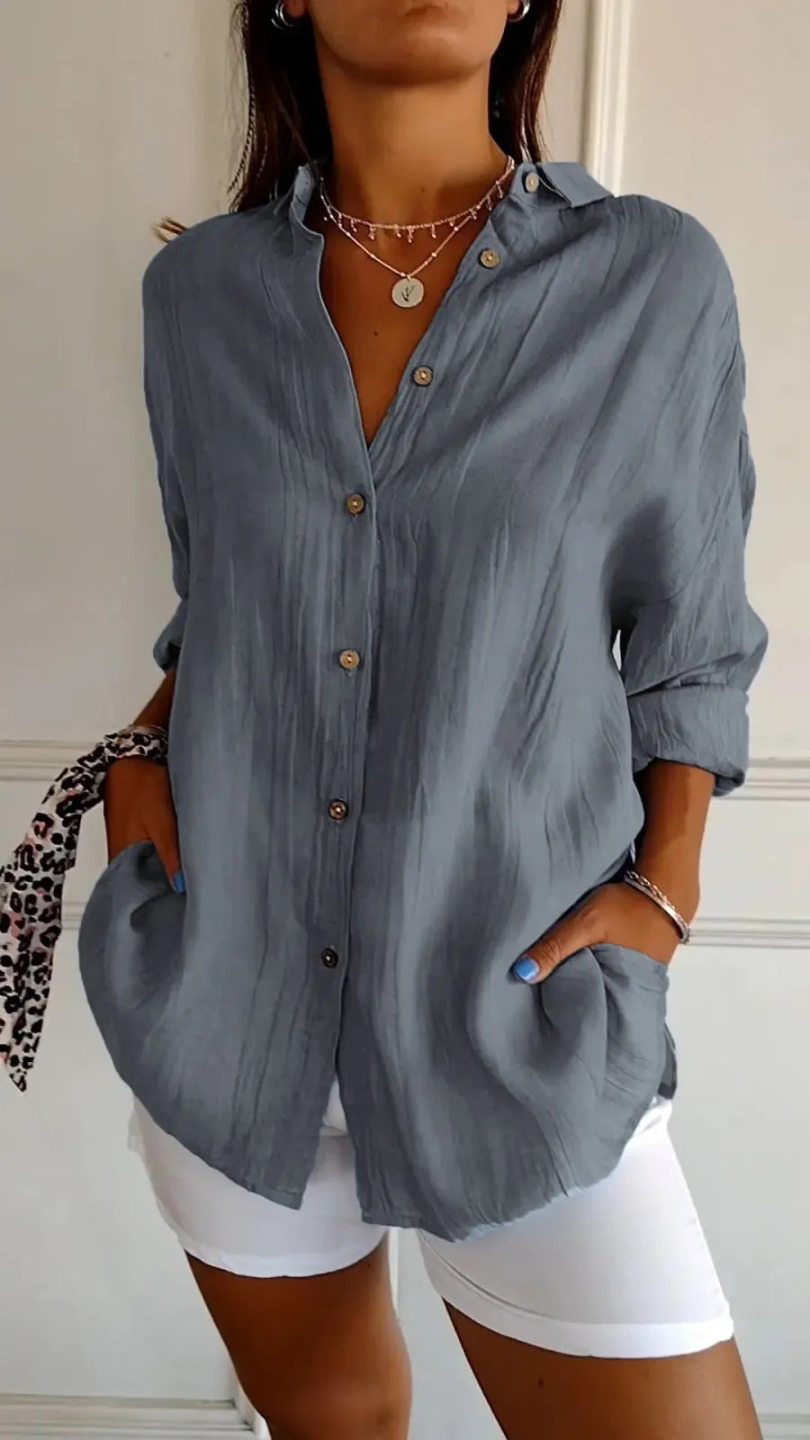 Lapel Long Sleeve Shirt Single-breasted Pleated Shirt For Women's