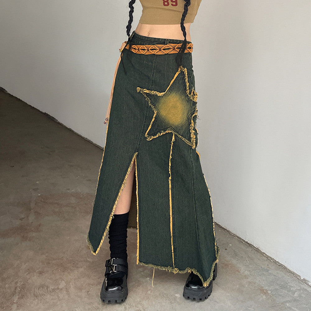 Five-pointed Star Retro Fishtail Denim Skirt For Women