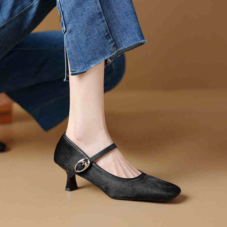 Elegant Mary Jane Heels with Leopard Print or Classic Black Suede Women's Square Toe Stiletto Heel Ankle-strap Shoes Fashionable Retro High Heels